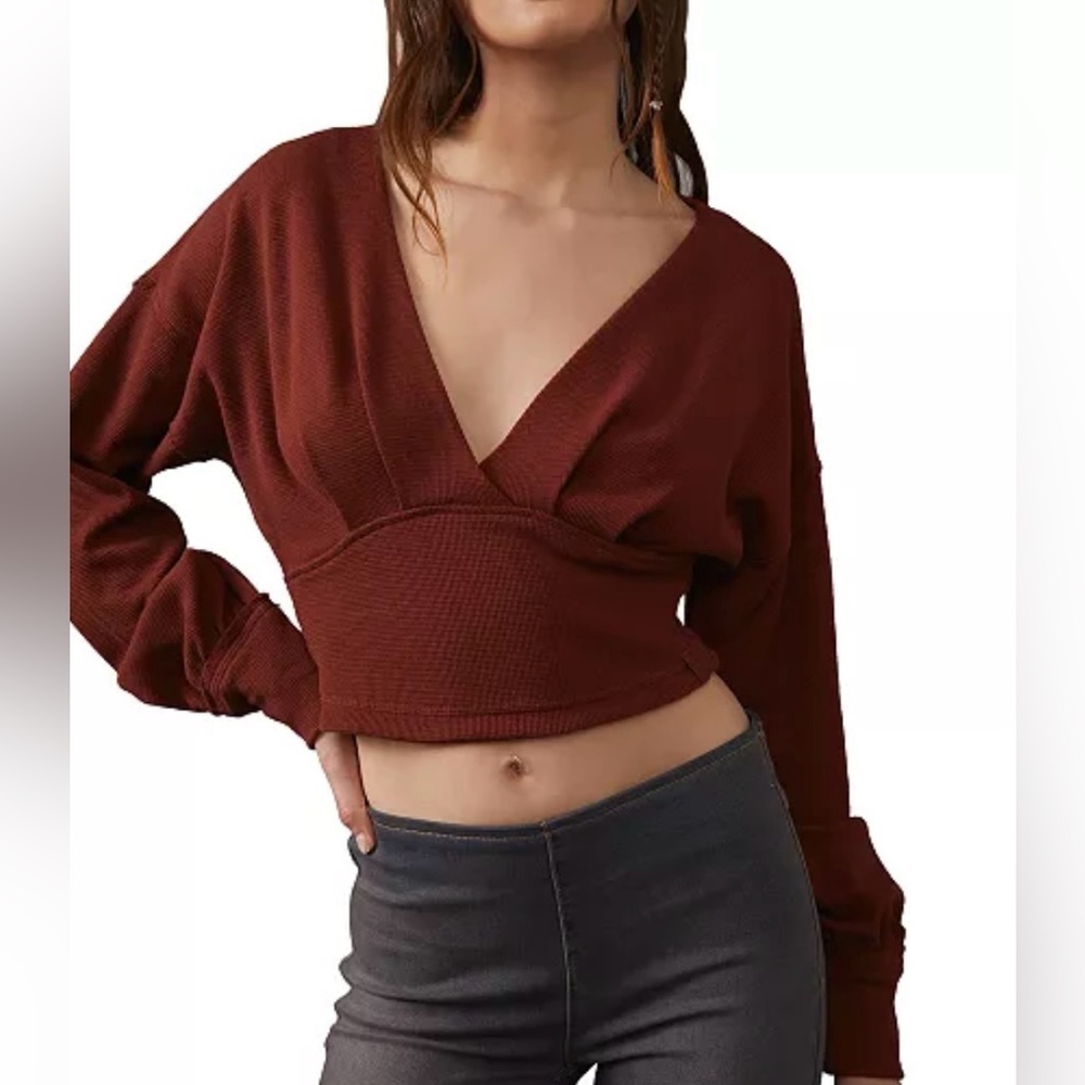 We the Free Burnt Orange Deep V-Neck Cropped Sweater - Size XS